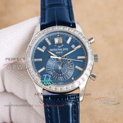 Best Replica TW Factory Patek Philippe Swiss Blue Dial Diamond Bezel Leather Band Watch 